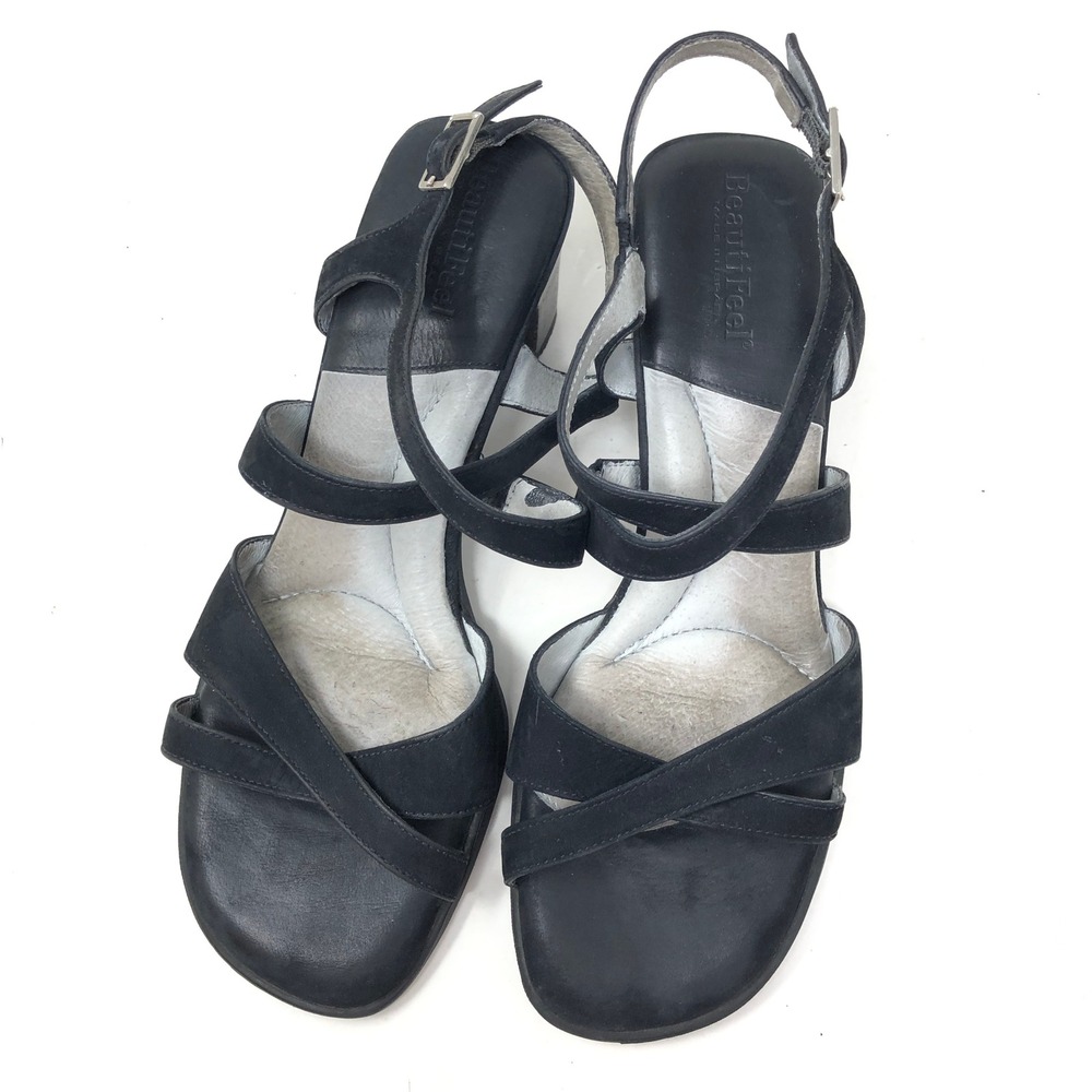BeautiFeel Womens 40 Strappy Block Heel Sandals Black Suede Straps Buckle - Picture 8 of 11